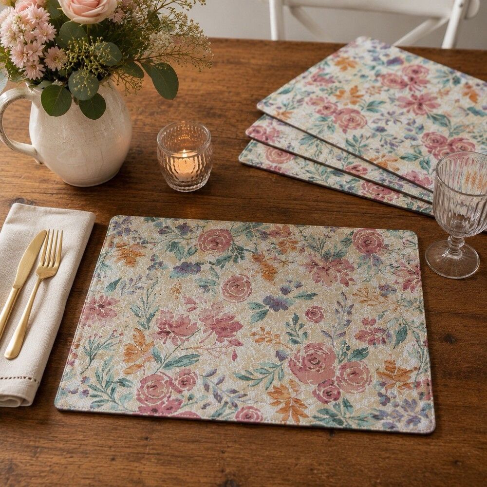 Set of 4 Floral Tapestry Placemats Woven Cottagecore Farmhouse Table Mats 19x13